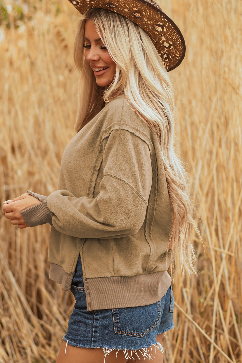 Dark Khaki Fuzzy Sherpa Splicing Pullover Sweatshirt With Side Slit-Tops/Sweatshirts & Hoodies-[Adult]-[Female]-2022 Online Blue Zone Planet
