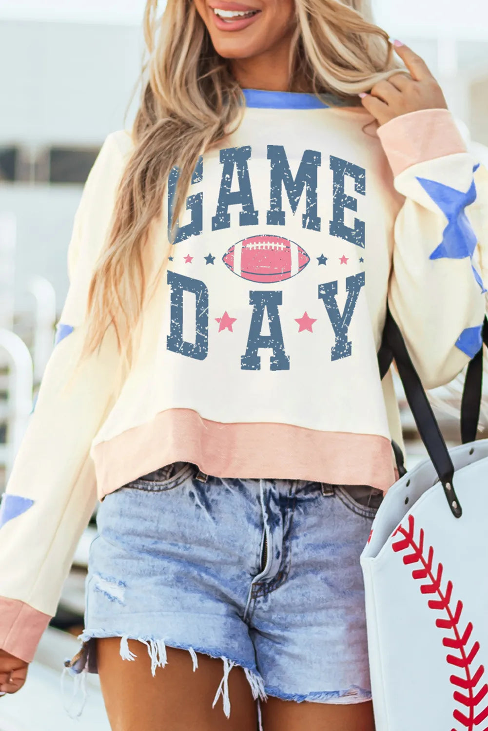 GAME DAY Star Patch Round Neck Long Sleeve Sweatshirt-TOPS / DRESSES-[Adult]-[Female]-Ivory-S-2022 Online Blue Zone Planet