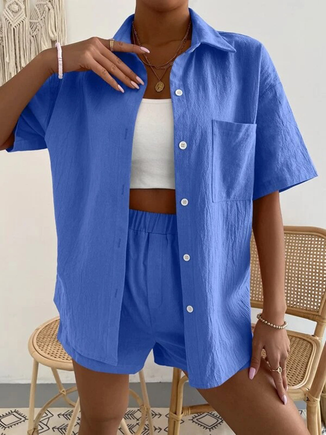 Blue Zone Planet | Button Up Short Sleeve Shirt and Shorts Set-TOPS / DRESSES-[Adult]-[Female]-2022 Online Blue Zone Planet