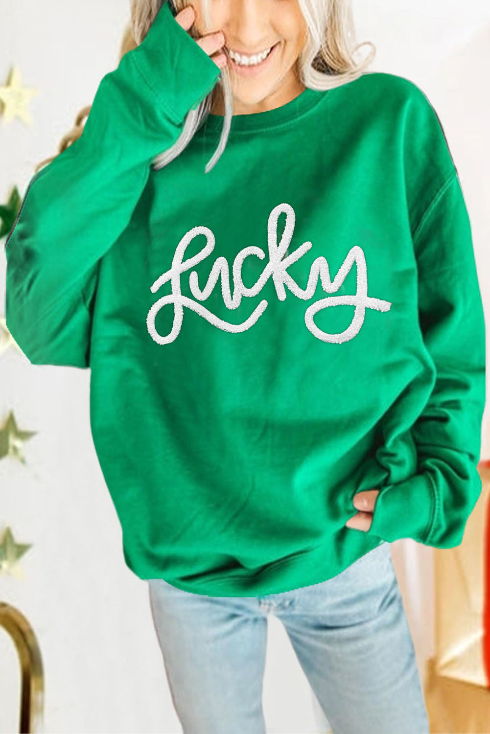 St. Patrick's Lucky Sequined Top Loose T-Shirt-Sweatshirts & Hoodies-[Adult]-[Female]-Green-L-2022 Online Blue Zone Planet