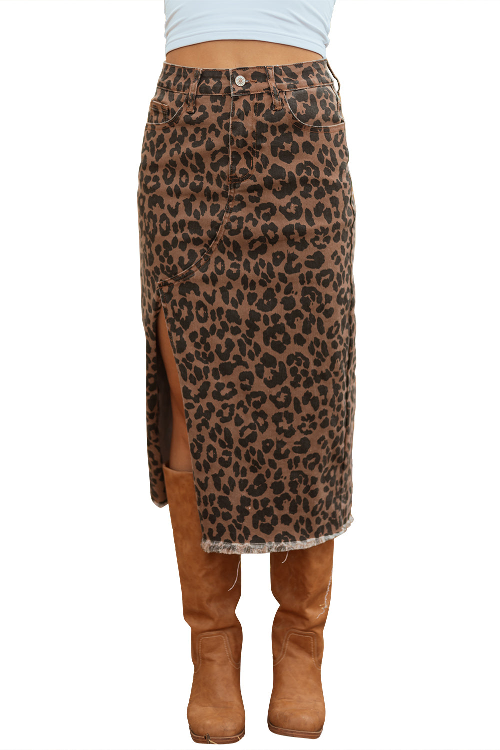 Brown Leopard Denim Frayed Split Denim Midi Skirt-Bottoms/Skirts & Petticoat-[Adult]-[Female]-2022 Online Blue Zone Planet