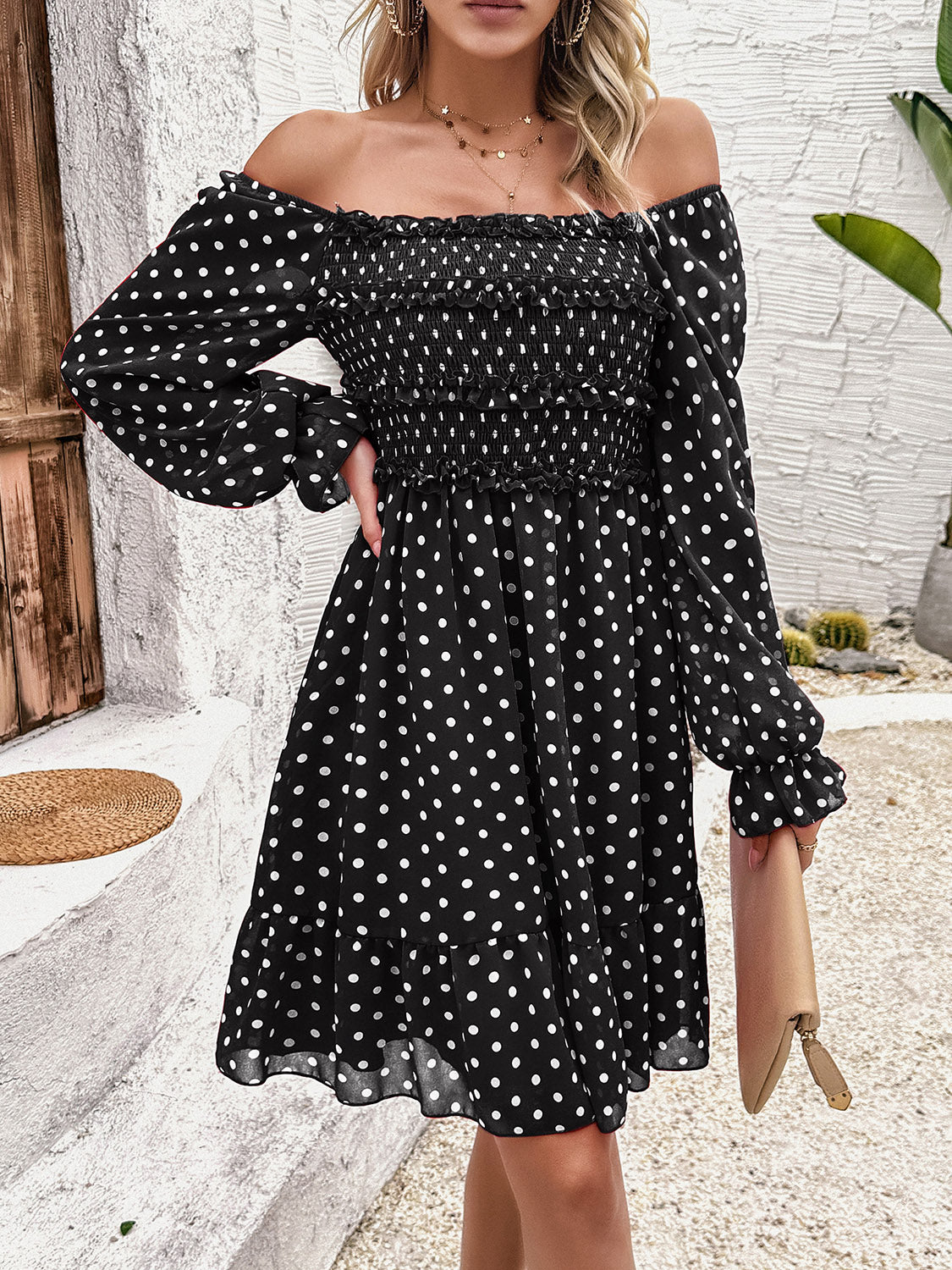 Smocked Polka Dot Long Sleeve Dress-TOPS / DRESSES-[Adult]-[Female]-Black-S-2022 Online Blue Zone Planet