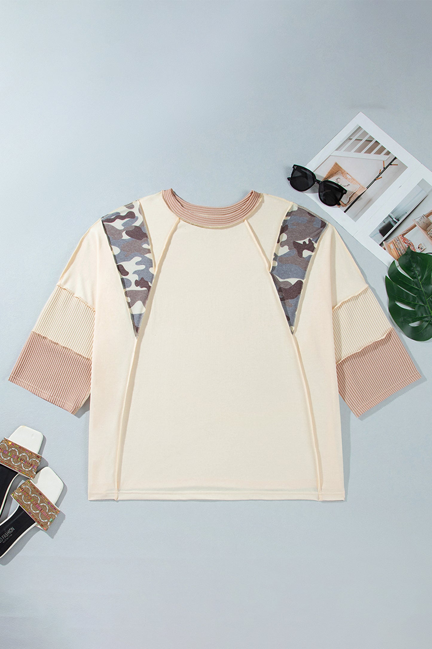 Apricot Camouflage Panel Twist Rib Sleeve Round Neck Loose Fit Plus Size Blouse-Plus Size/Plus Size Tops/Plus Size Blouses & Shirts-[Adult]-[Female]-2022 Online Blue Zone Planet