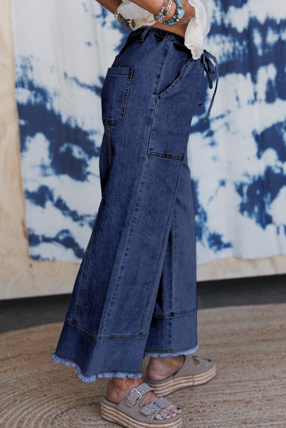 Prussian Blue Drawstring Seam Detail Raw Hem Wide Leg Denim Pants-Bottoms/Jeans-[Adult]-[Female]-2022 Online Blue Zone Planet