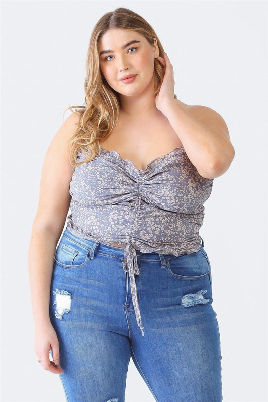 Blue Zone Planet | Zenobia Plus Size Drawstring Smocked Floral Tube Top-TOPS / DRESSES-[Adult]-[Female]-Denim Blue-1XL-2022 Online Blue Zone Planet