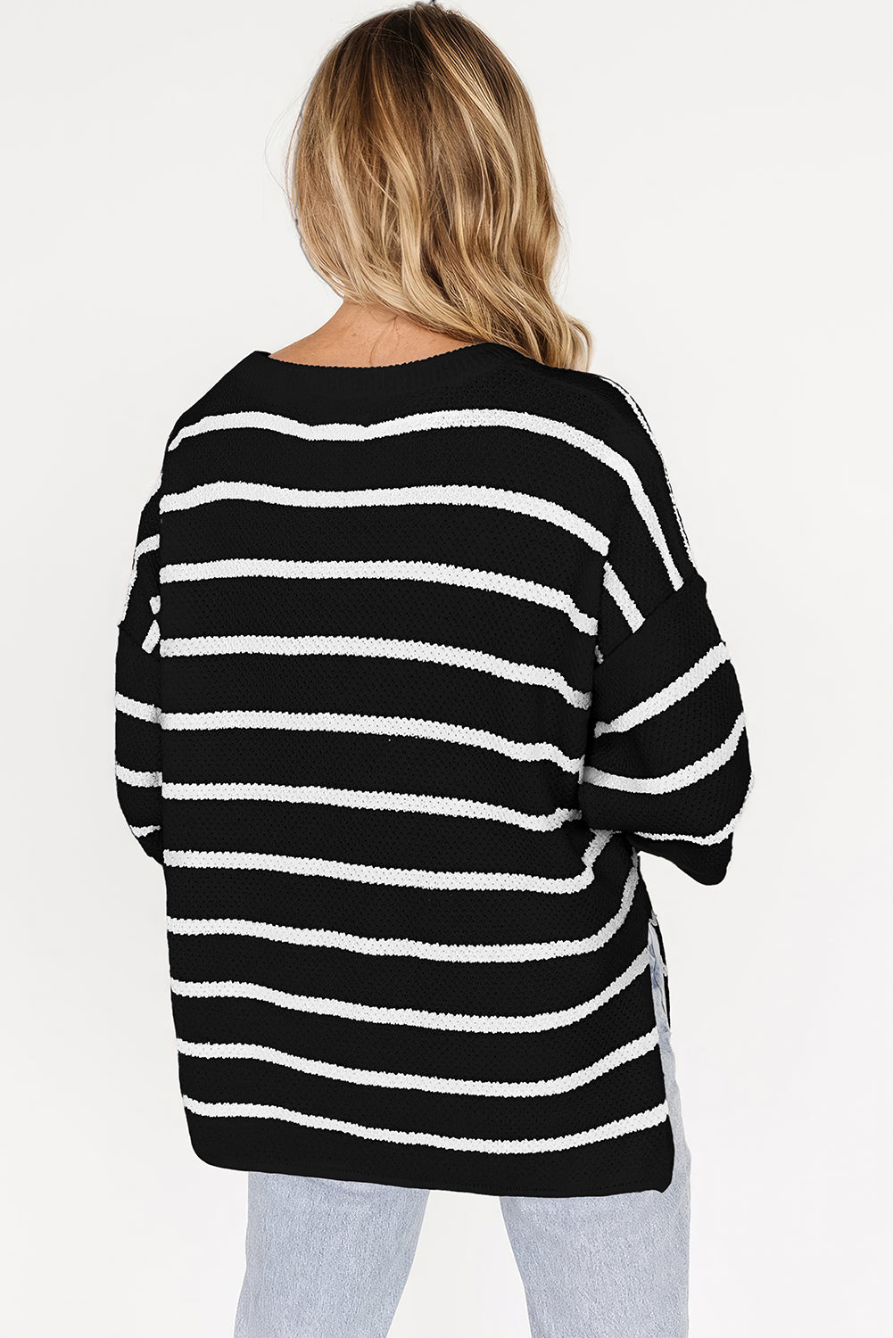 White Stripe Henley Buttoned Placket Drop Shoulder Bracelet Sleeve Knit Sweater Tee-TOPS / DRESSES-[Adult]-[Female]-2022 Online Blue Zone Planet