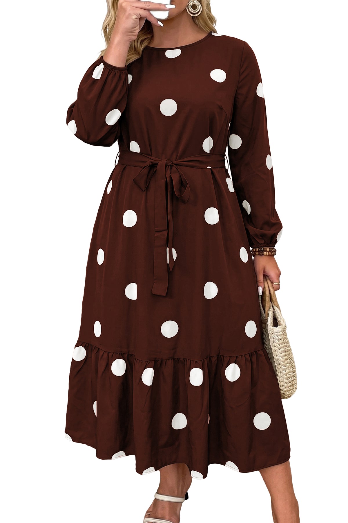 Brown Polka Dot Ruffled Hem Long Sleeve Tie Waist Plus Size Dress-TOPS / DRESSES-[Adult]-[Female]-2022 Online Blue Zone Planet