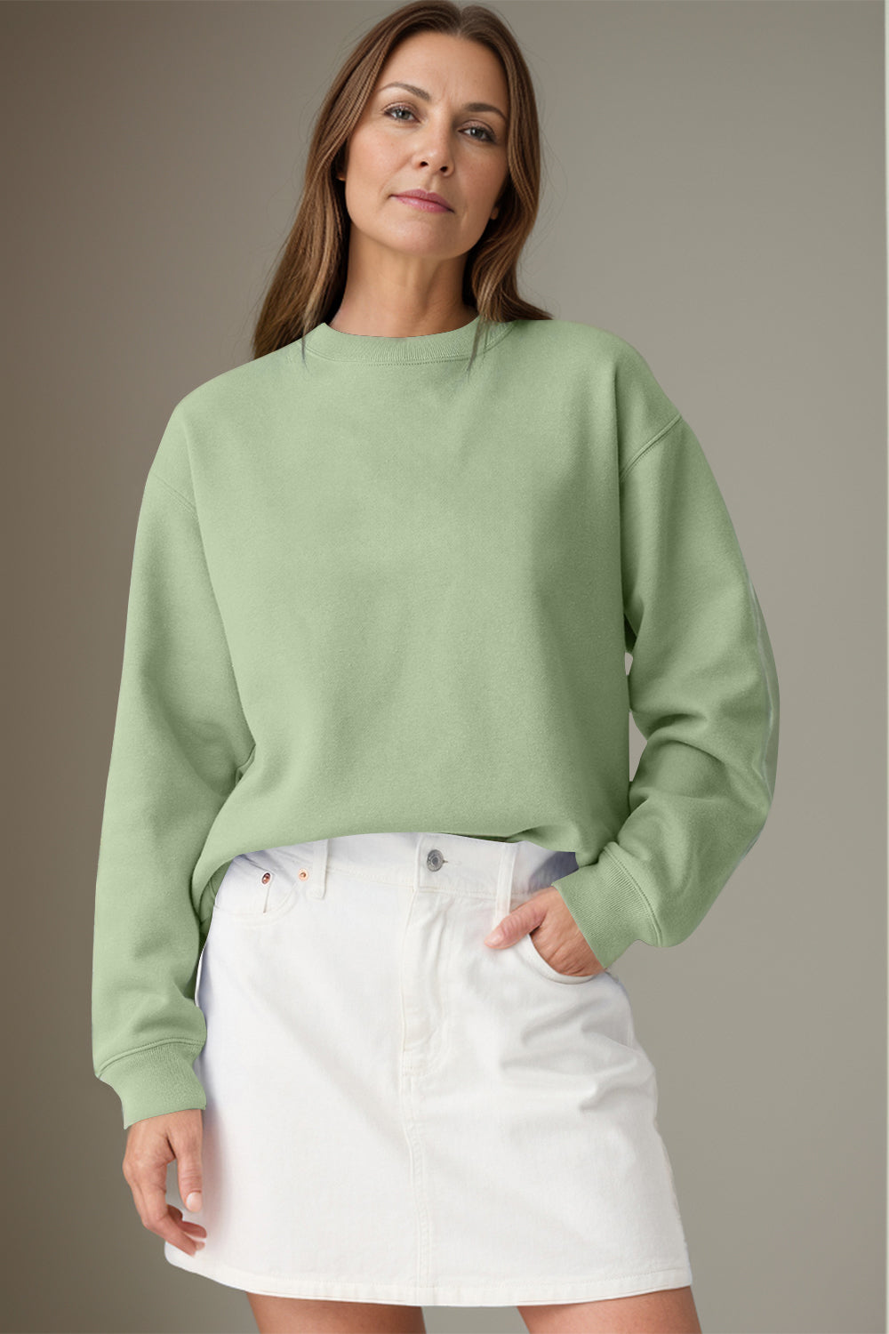 Blue Zone Planet | Round Neck Long Sleeve Sweatshirt-TOPS / DRESSES-[Adult]-[Female]-Light Green-S-2022 Online Blue Zone Planet