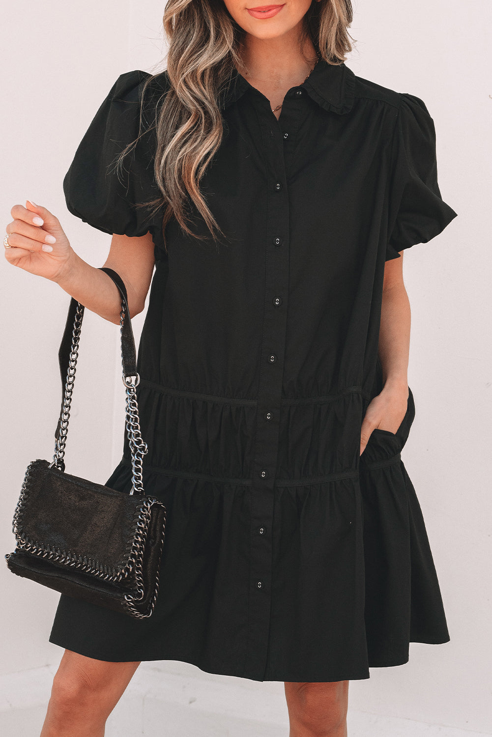 Black Shirt Style Button Down Puff Sleeve Ruffle Hem Dress-Dresses/Mini Dresses-[Adult]-[Female]-2022 Online Blue Zone Planet