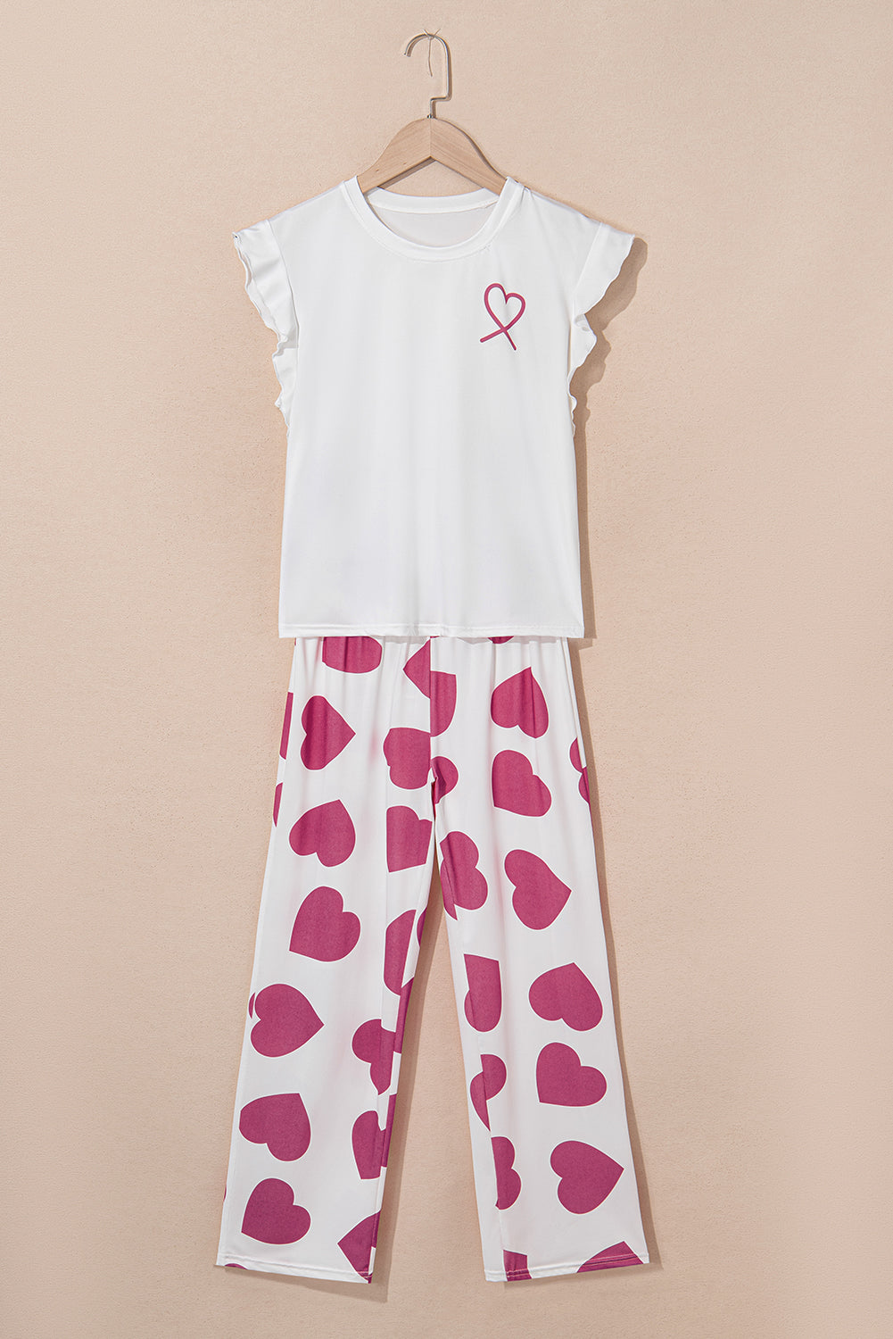 Pink Ruffled Tank Top And Heart Print Pants Lounge Set-Loungewear & Sleepwear/Loungewear-[Adult]-[Female]-2022 Online Blue Zone Planet