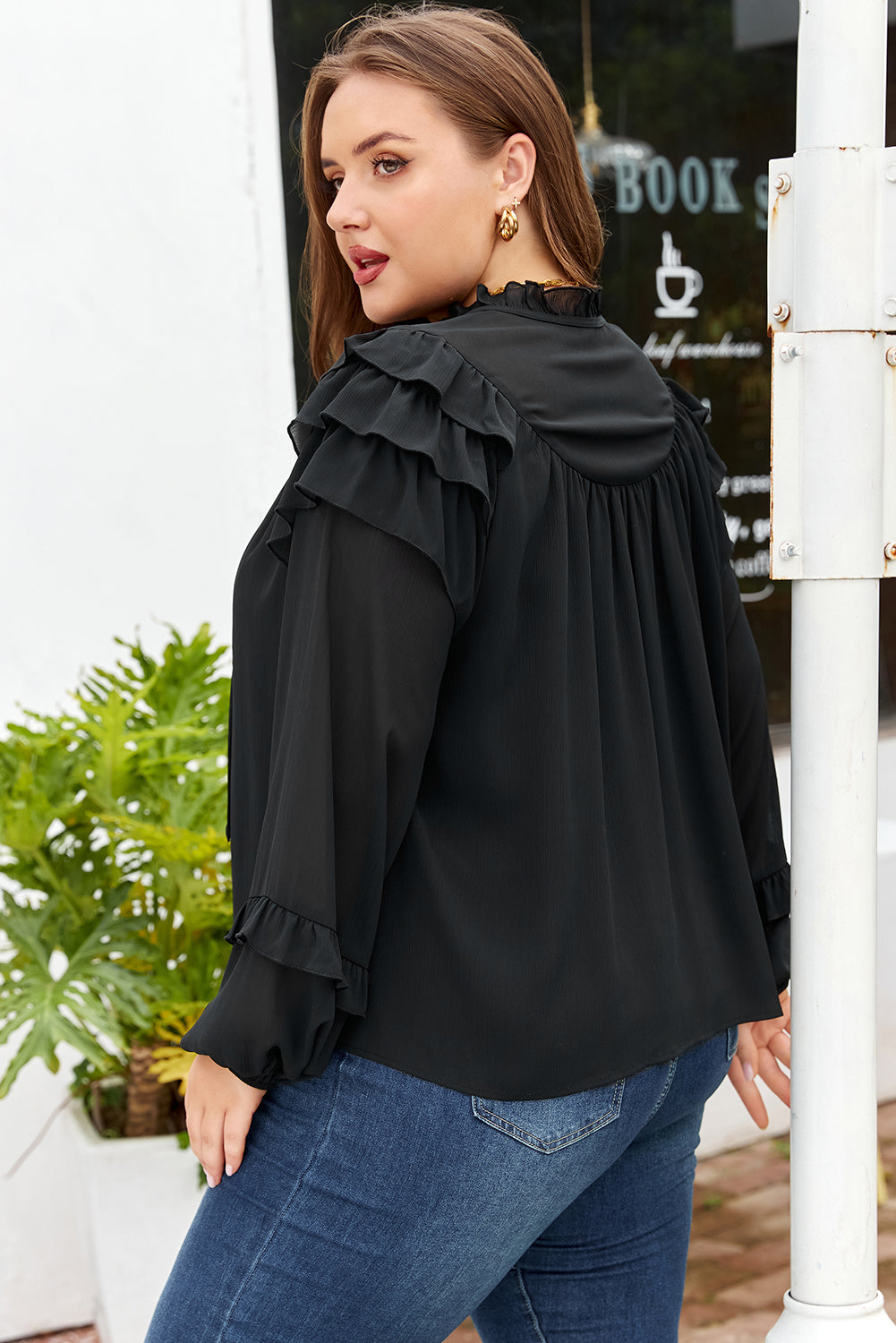 Black Ruffle Balloon Sleeve Chiffon Elegant Plus Size Shirt-Plus Size/Plus Size Tops/Plus Size Blouses & Shirts-[Adult]-[Female]-2022 Online Blue Zone Planet