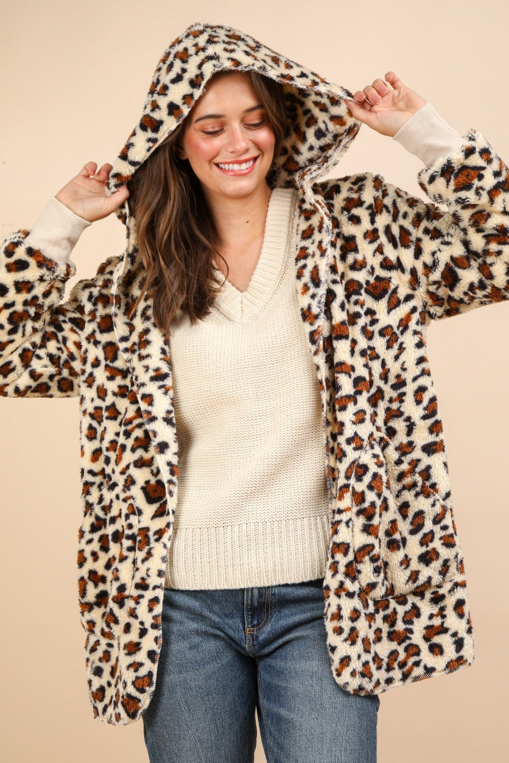 VERY J Fuzzy Leopard Long Sleeve Hooded Jacket-TOPS / DRESSES-[Adult]-[Female]-2022 Online Blue Zone Planet