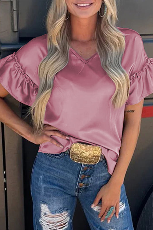 Toadstool Satin Ruffle Sleeve Top-Tops/Tops & Tees-[Adult]-[Female]-Toadstool-S-2022 Online Blue Zone Planet