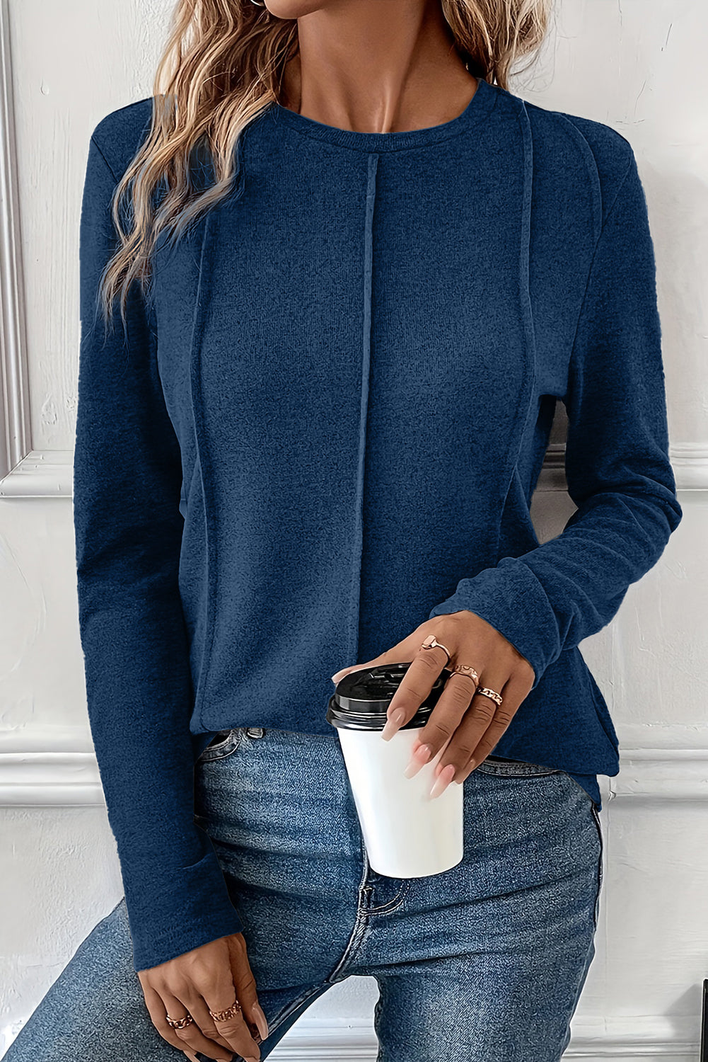 Navy Blue Solid Exposed Seam Crew Neck Long Sleeve Top-Tops/Long Sleeve Tops-[Adult]-[Female]-2022 Online Blue Zone Planet