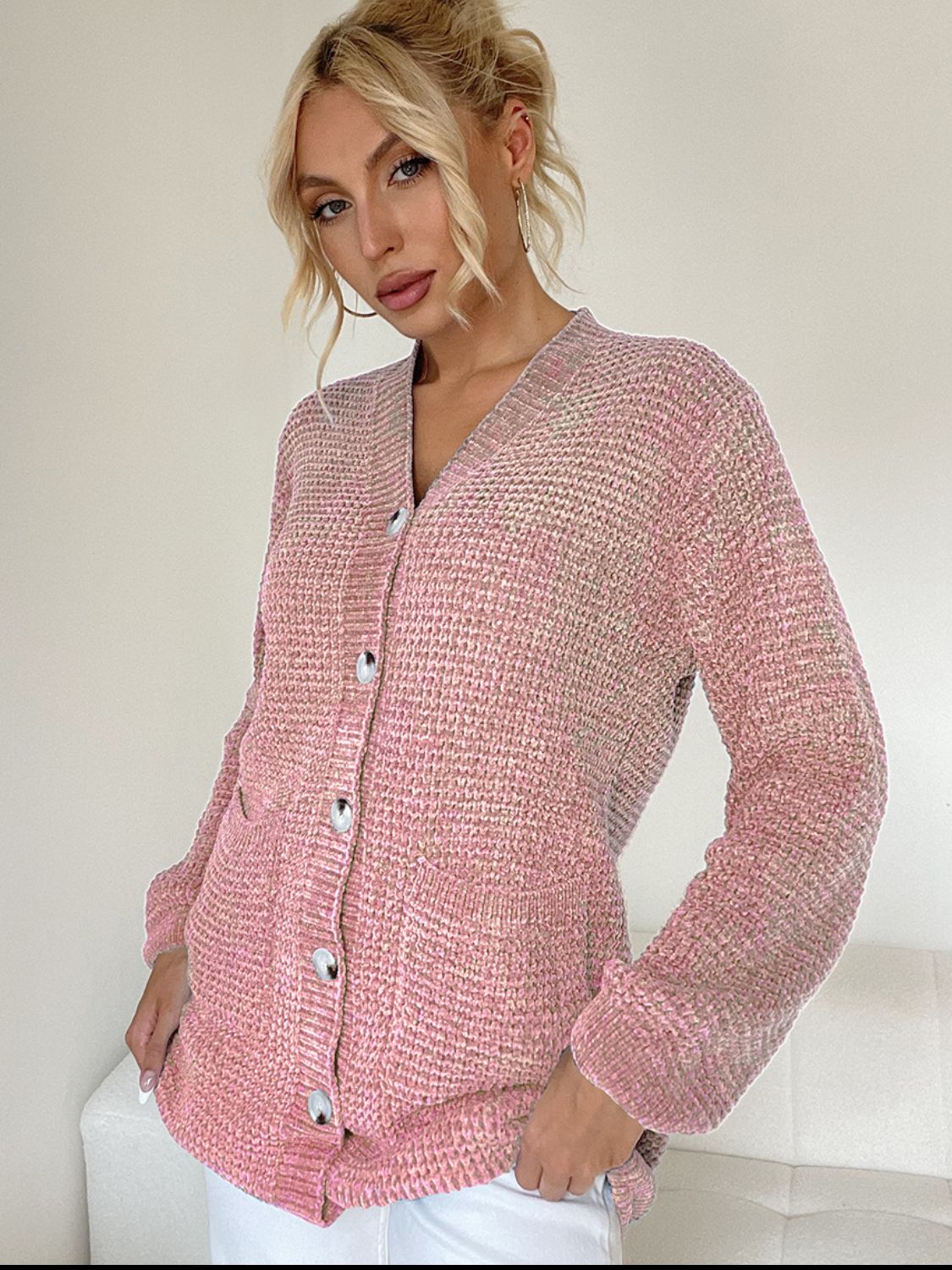 Pocketed V-Neck Button Up Cardigan-TOPS / DRESSES-[Adult]-[Female]-Dusty Pink-One Size-2022 Online Blue Zone Planet