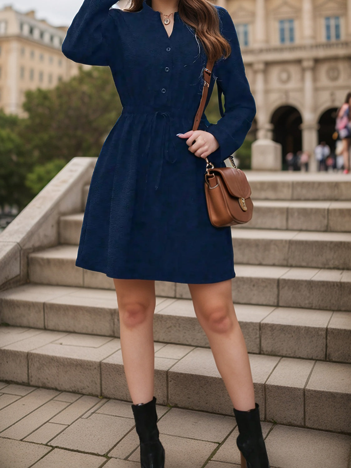 Drawstring Waist Notched Long Sleeve Dress-TOPS / DRESSES-[Adult]-[Female]-2022 Online Blue Zone Planet