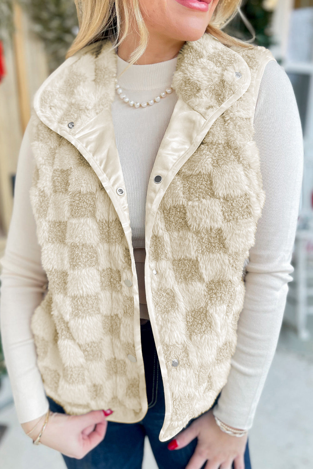 Khaki Sherpa Checkerboard Snap Button Vest Jacket With Pocket-Outerwear/Vests-[Adult]-[Female]-Khaki-S-2022 Online Blue Zone Planet