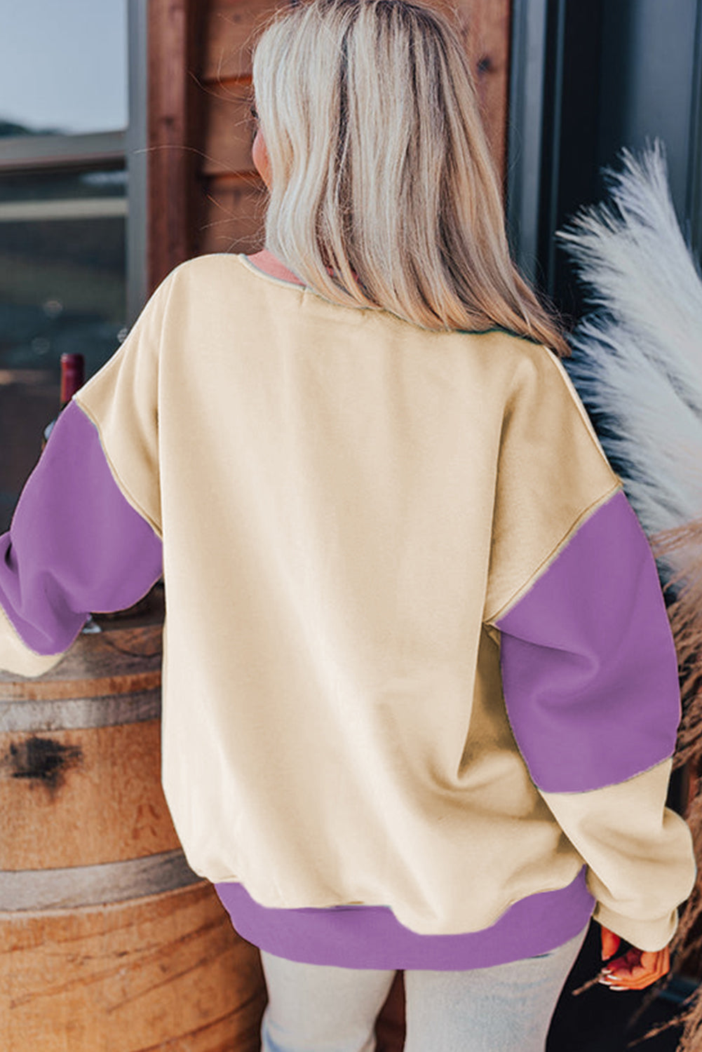 Meadow Mauve Colorblock Patchwork Drop Shoulder Sweatshirt-Tops/Sweatshirts & Hoodies-[Adult]-[Female]-2022 Online Blue Zone Planet