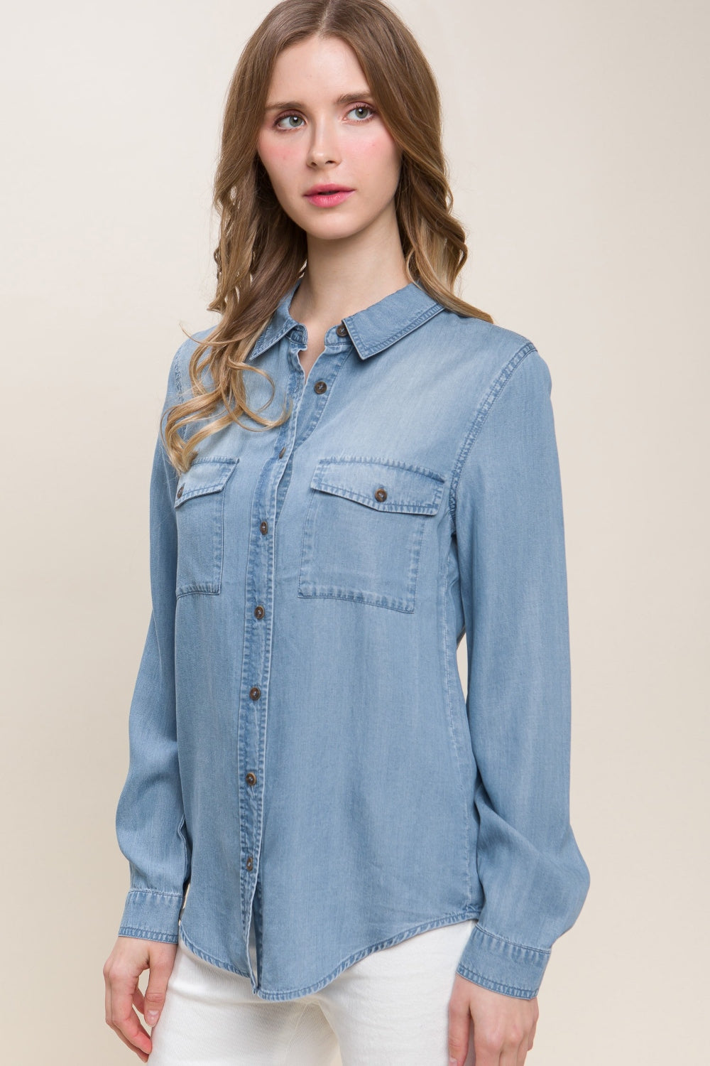 Blue Zone Planet | Love Tree Scooped Hem Button Up Denim Shirt-TOPS / DRESSES-[Adult]-[Female]-2022 Online Blue Zone Planet