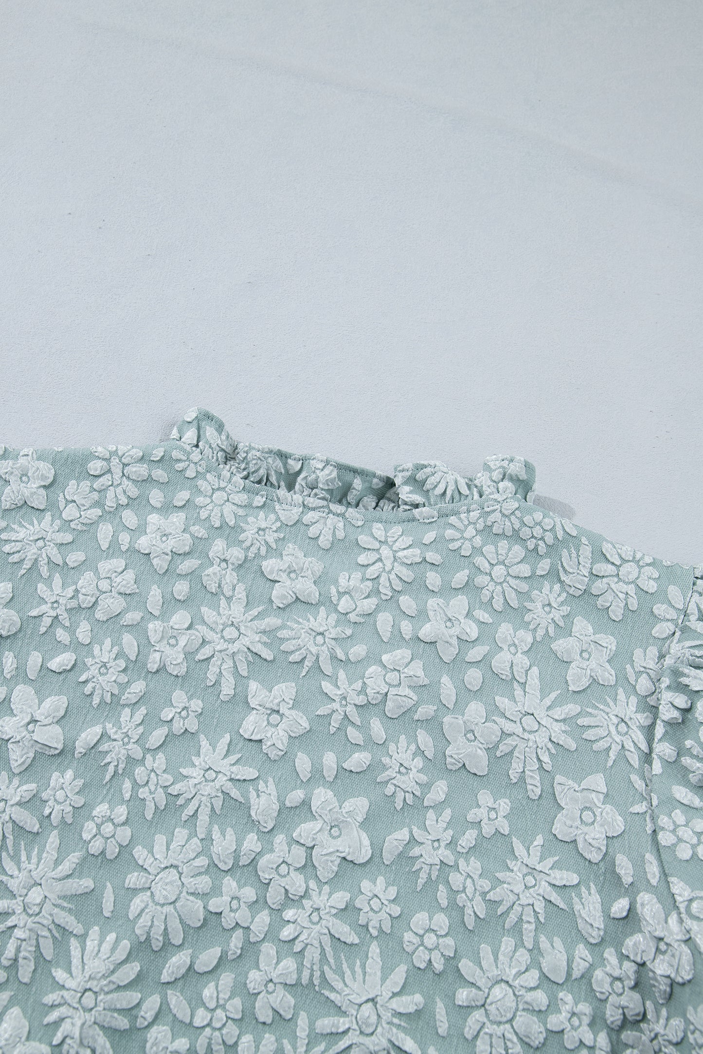 Iceland Blue Floral Textured Jacquard Puff Sleeve Blouse-Tops/Blouses & Shirts-[Adult]-[Female]-2022 Online Blue Zone Planet