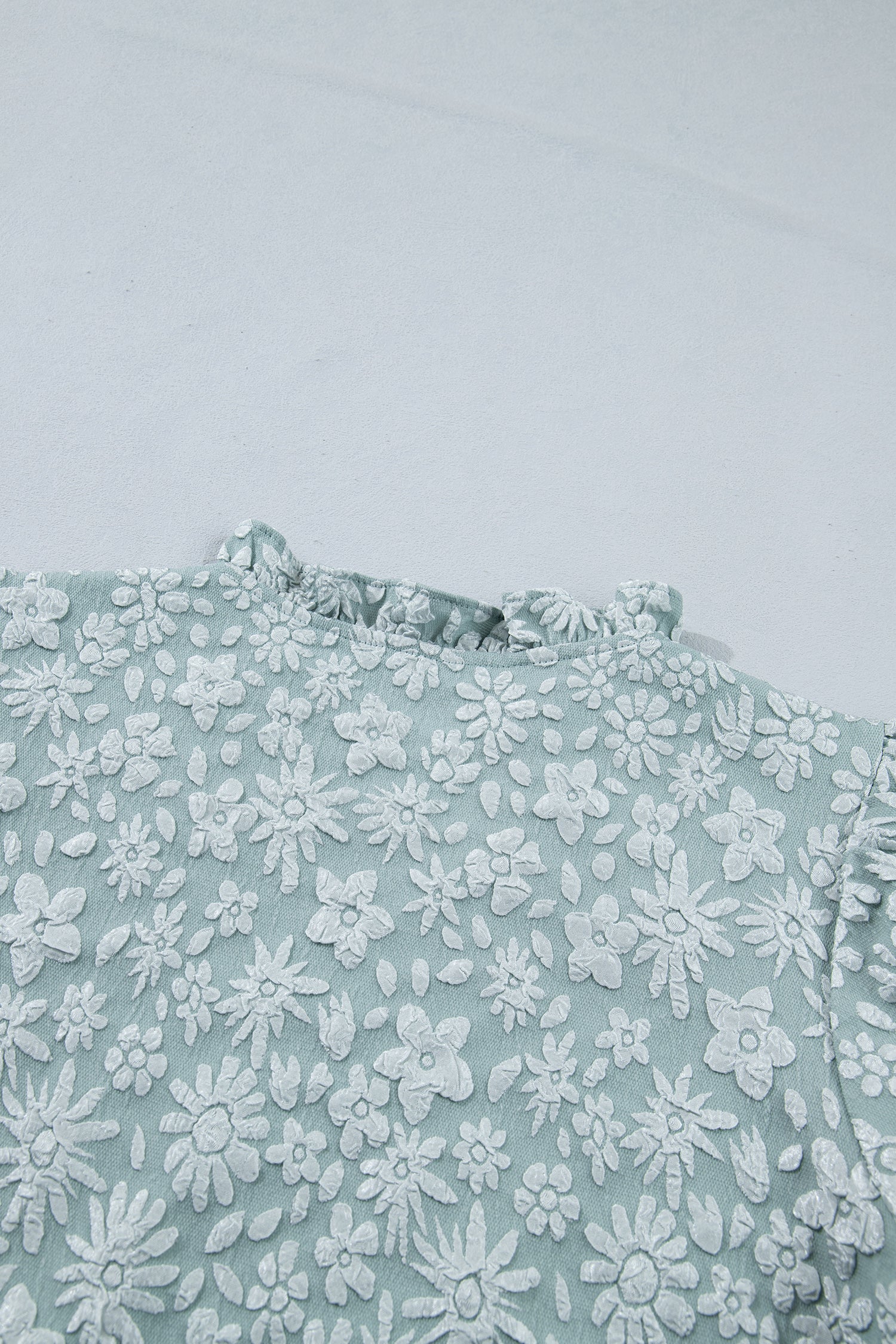 Iceland Blue Floral Textured Jacquard Puff Sleeve Blouse-Tops/Blouses & Shirts-[Adult]-[Female]-2022 Online Blue Zone Planet