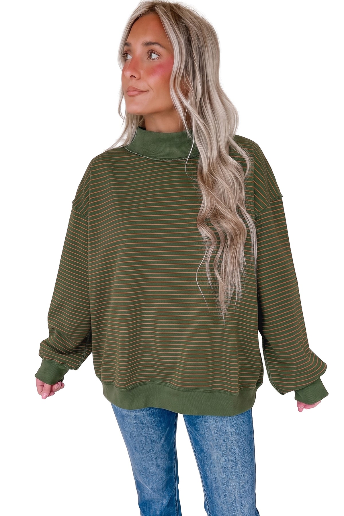 Green Stripe Ribbed Color Block Mock Neck Oversized Sweatshirt-Tops/Sweatshirts & Hoodies-[Adult]-[Female]-2022 Online Blue Zone Planet