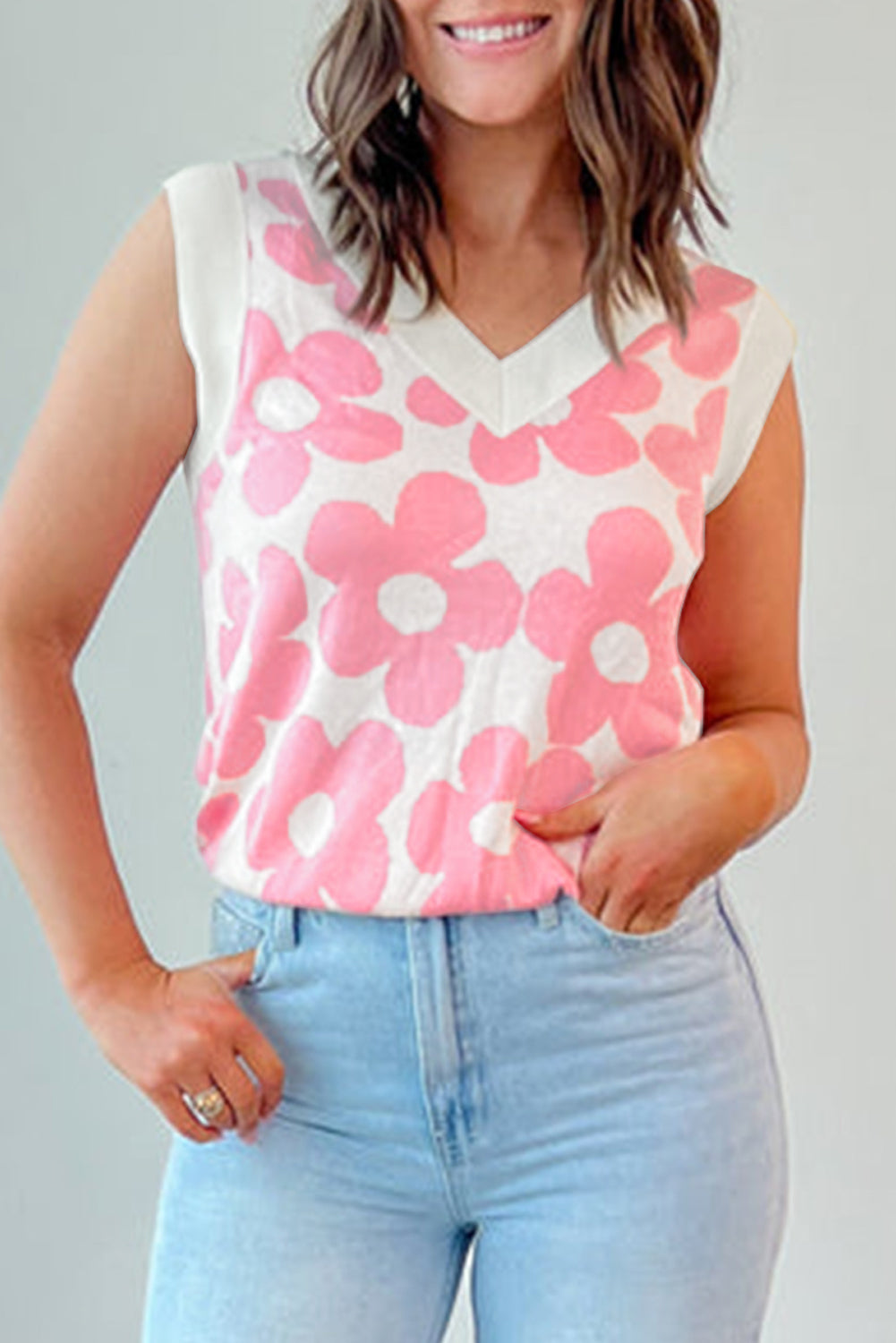 Pink Cute Flower Knitted V Neck Tank Top-Tops/Tank Tops-[Adult]-[Female]-Pink-S-2022 Online Blue Zone Planet