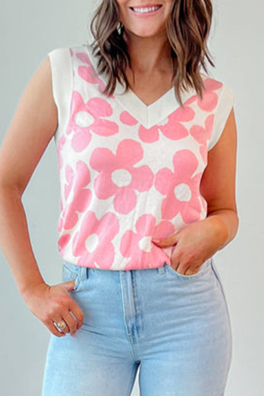 Pink Cute Flower Knitted V Neck Tank Top-Tops/Tank Tops-[Adult]-[Female]-Pink-S-2022 Online Blue Zone Planet