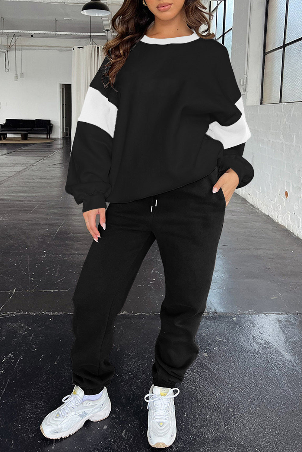 Black Drop Shoulder Loose Sweatshirt and Joggers Active Set-Activewear/Activewear Sets-[Adult]-[Female]-Black-S-2022 Online Blue Zone Planet