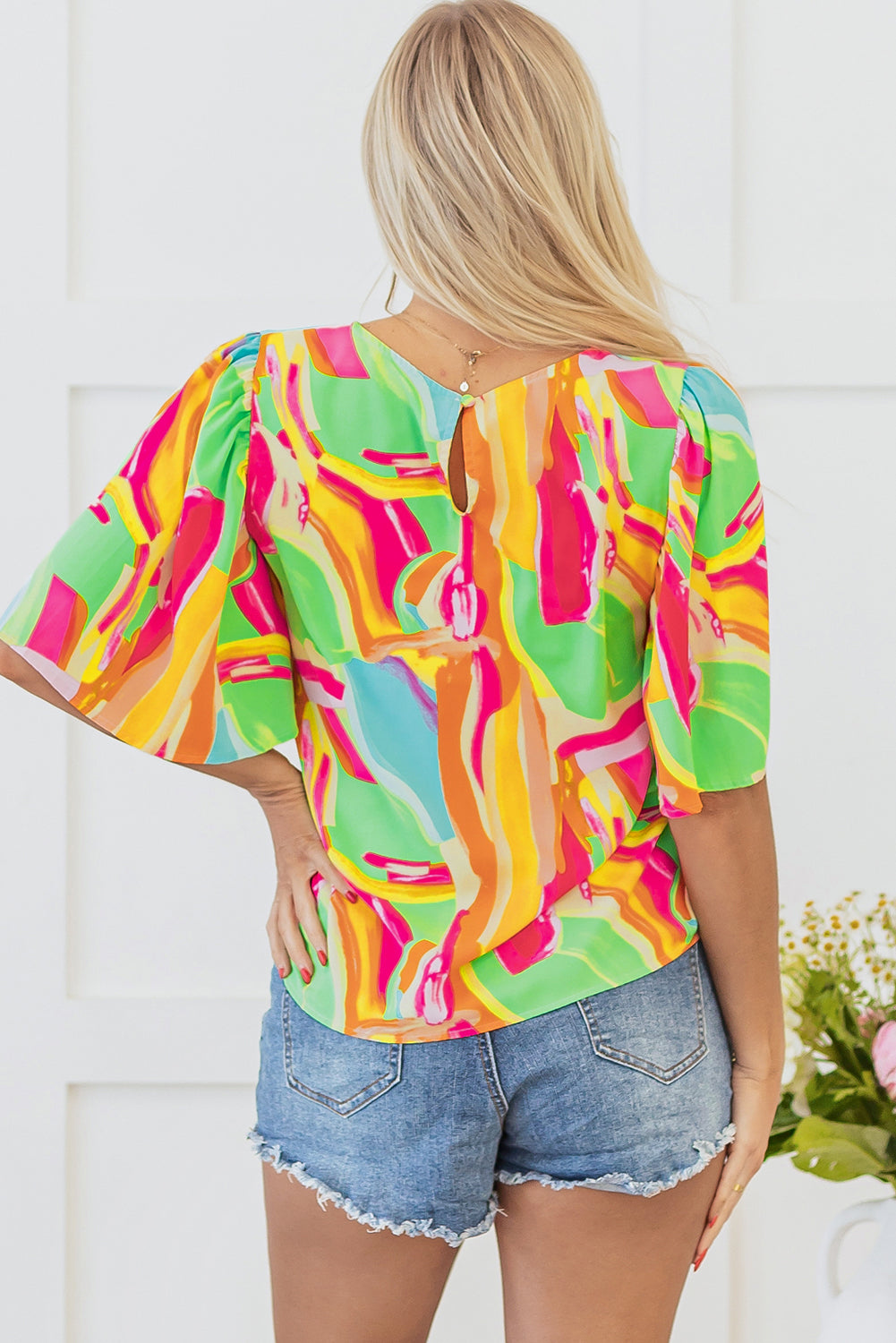Multicolour Abstract Print Keyhole Back Pleated Half Sleeve Blouse-Tops/Blouses & Shirts-[Adult]-[Female]-2022 Online Blue Zone Planet