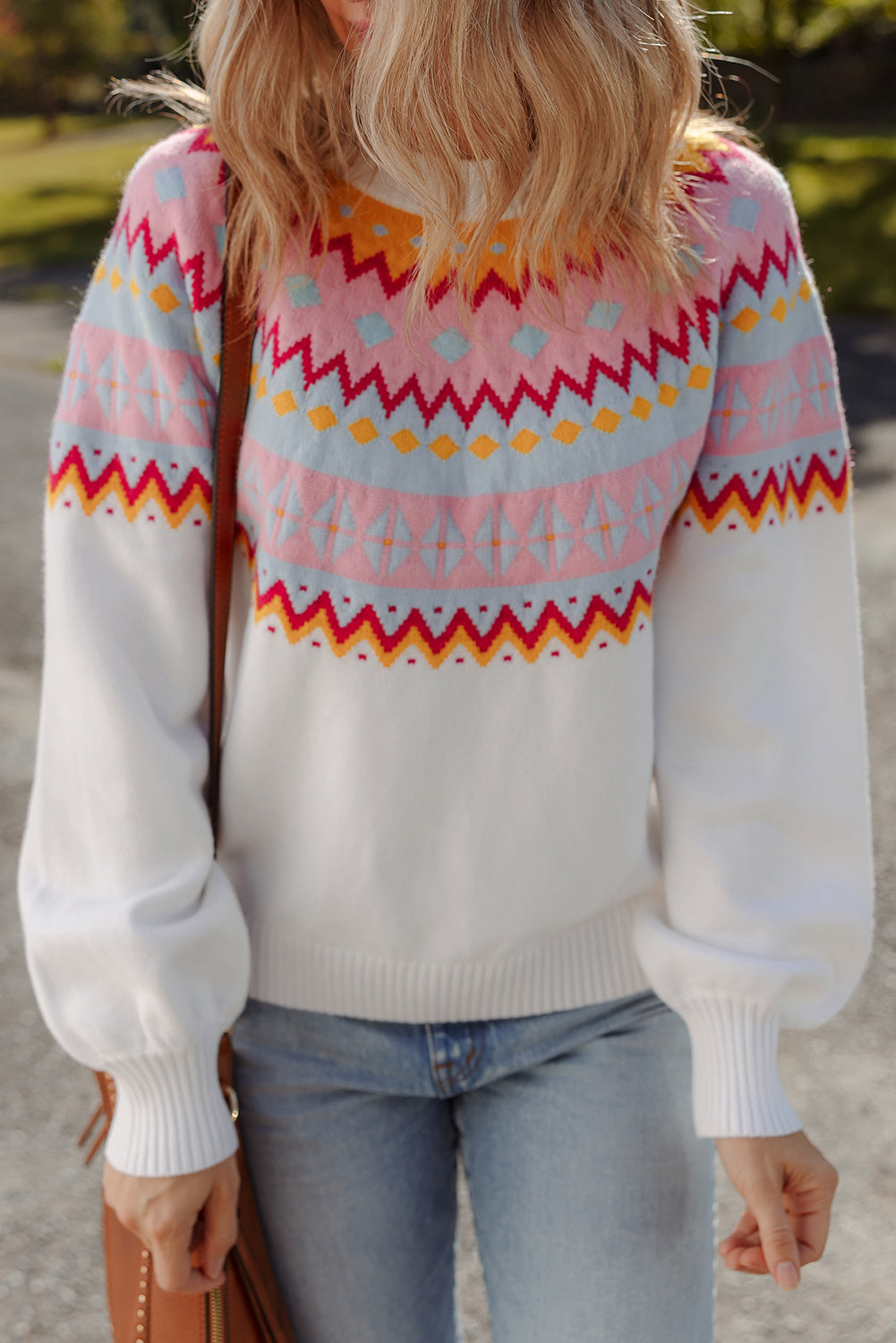 White Ethnic Geometric Colorblock Print Drop Shoulder Sweater-Sweaters & Cardigans/Sweaters-[Adult]-[Female]-2022 Online Blue Zone Planet