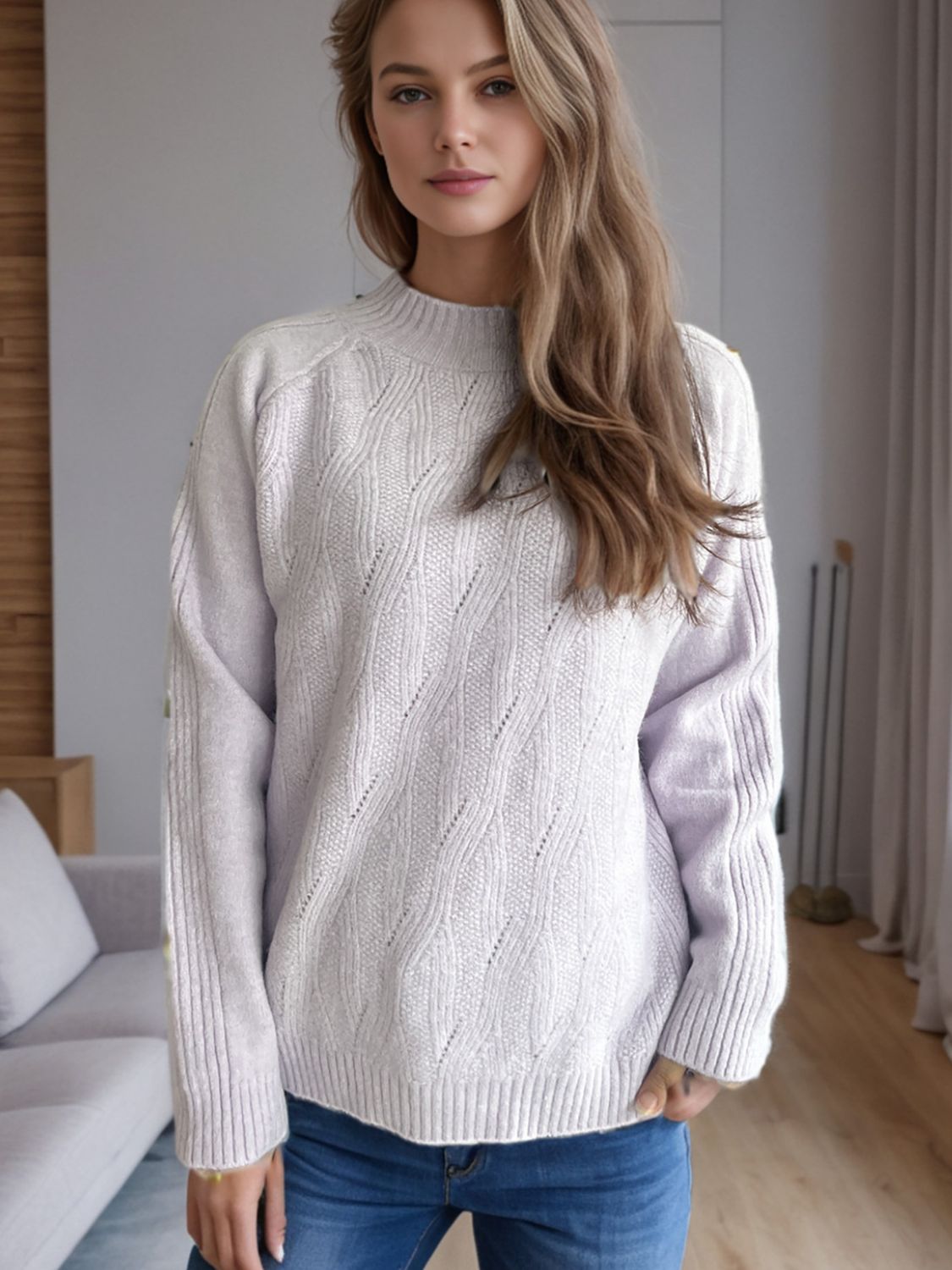 Blue Zone Planet | Mock Neck Long Sleeve Sweater-TOPS / DRESSES-[Adult]-[Female]-Lilac-One Size-2022 Online Blue Zone Planet