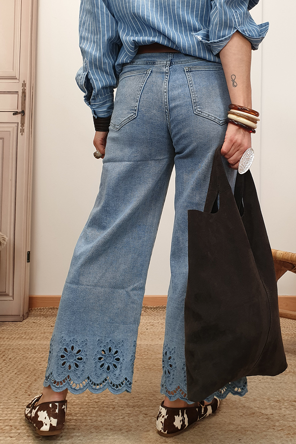 Dusk Blue Embroidered Cropped Wide Leg High Waist Jeans-Bottoms/Jeans-[Adult]-[Female]-2022 Online Blue Zone Planet
