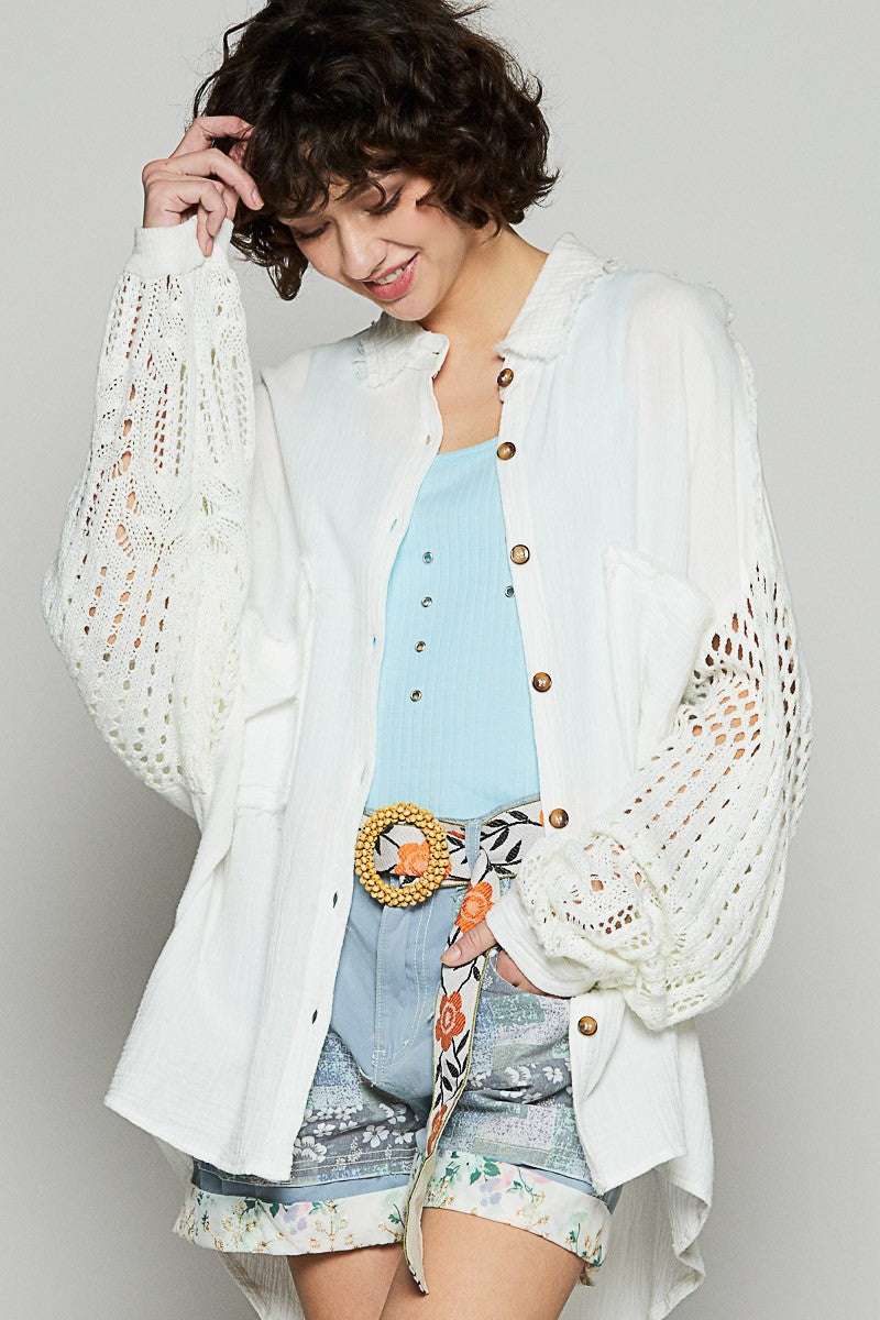 POL Openwork Lantern Sleeve Button Down Gauze Shirt-TOPS / DRESSES-[Adult]-[Female]-White-S-2022 Online Blue Zone Planet