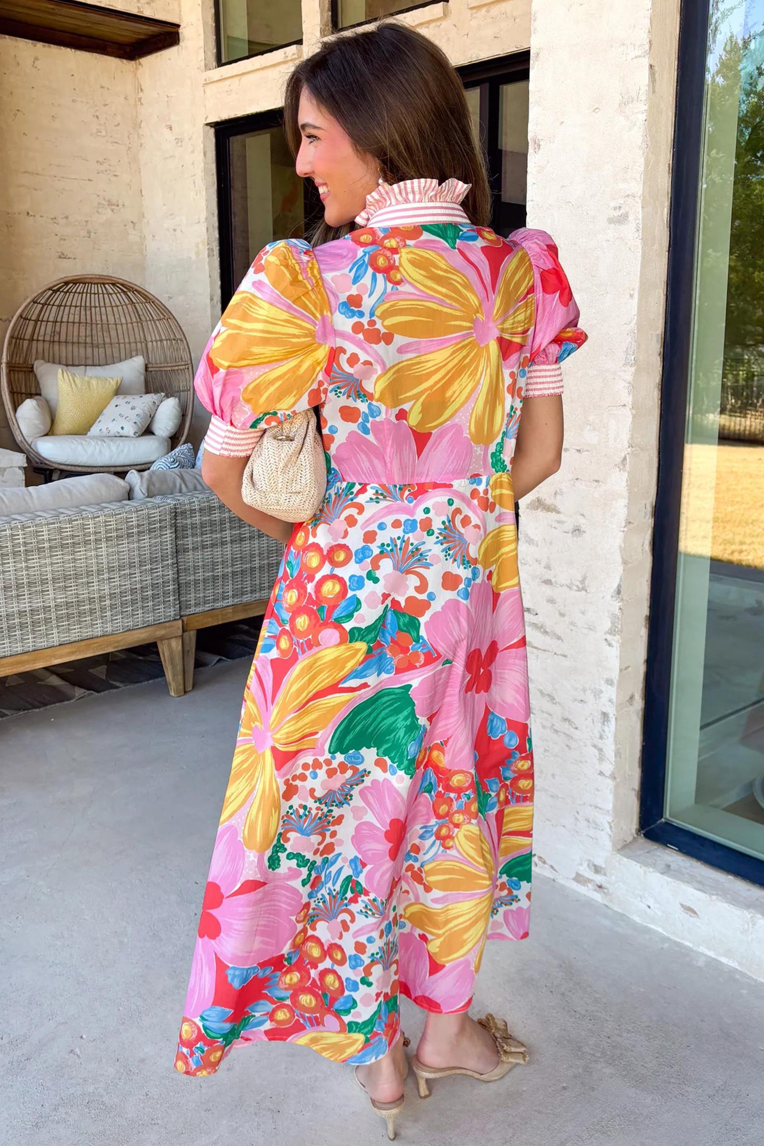 Pink Floral Print Striped Trim Button Down Short Sleeve Vacation Dress-Dresses/Floral Dresses-[Adult]-[Female]-2022 Online Blue Zone Planet