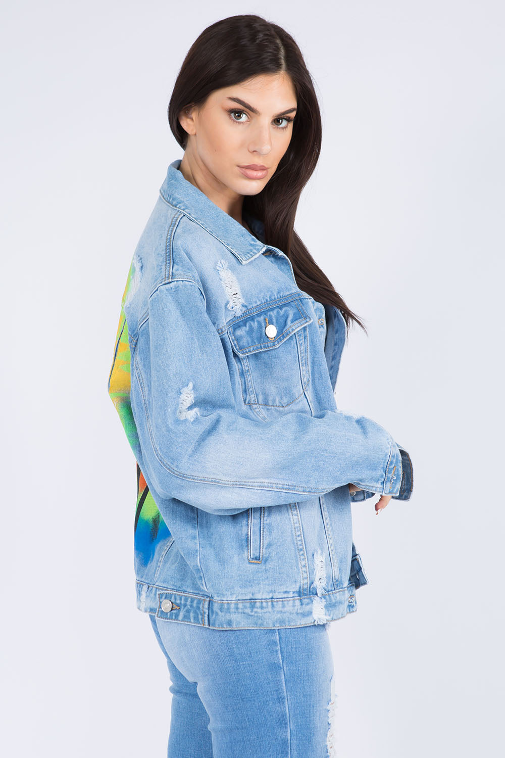 American Bazi Full Size Painted Back Distressed Denim Jacket-TOPS / DRESSES-[Adult]-[Female]-2022 Online Blue Zone Planet