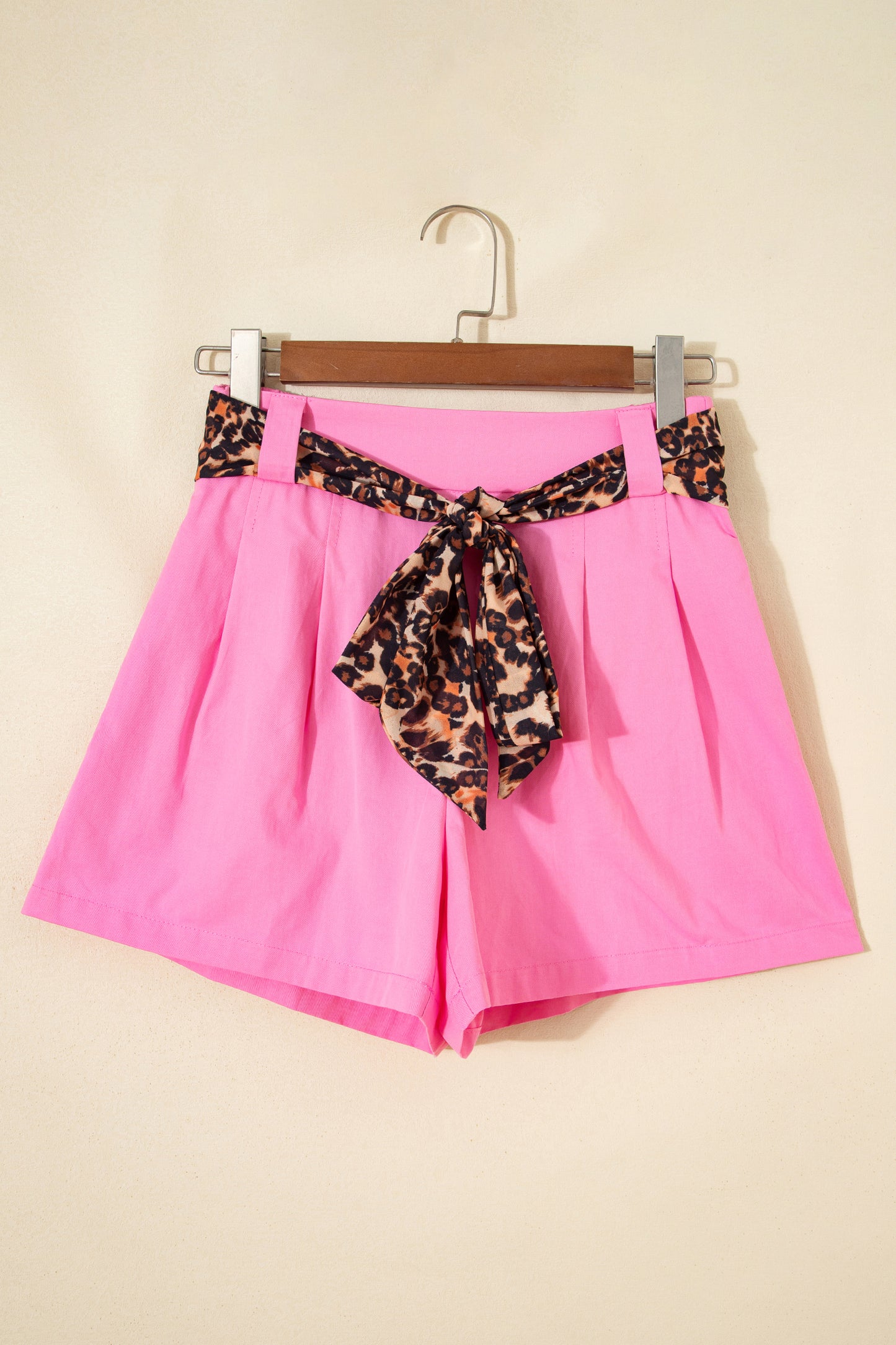 Oatmeal Leopard Contrast Sash Belt Pleated Wide Leg Shorts-Bottoms/Casual Shorts-[Adult]-[Female]-2022 Online Blue Zone Planet