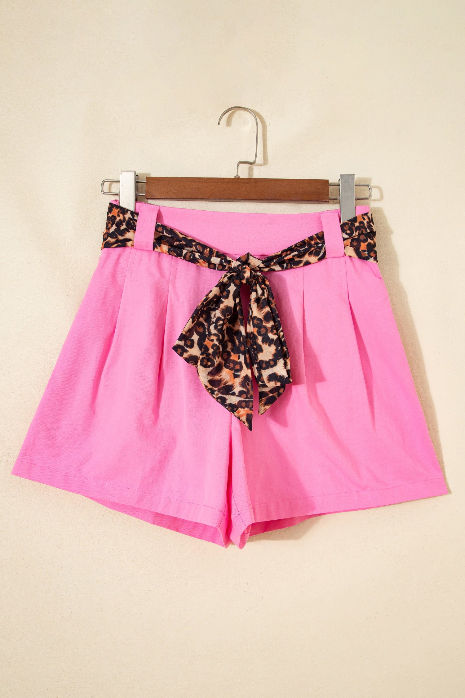 Oatmeal Leopard Contrast Sash Belt Pleated Wide Leg Shorts-Bottoms/Casual Shorts-[Adult]-[Female]-2022 Online Blue Zone Planet