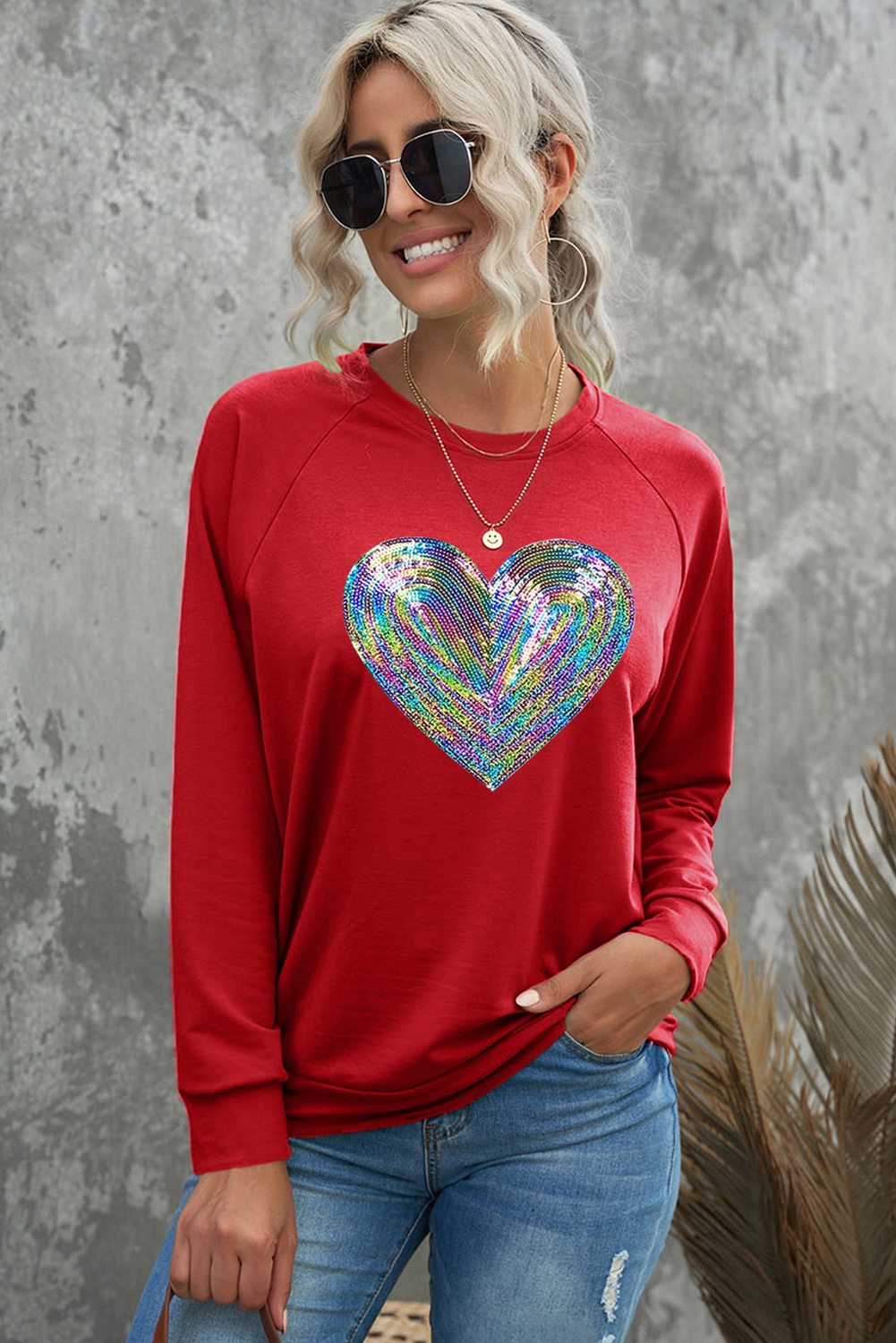 Blue Zone Planet | Red Bold Sequin Heart Crewneck Valentines Pullover Sweatshirt-Graphic Sweatshirts-[Adult]-[Female]-2022 Online Blue Zone Planet