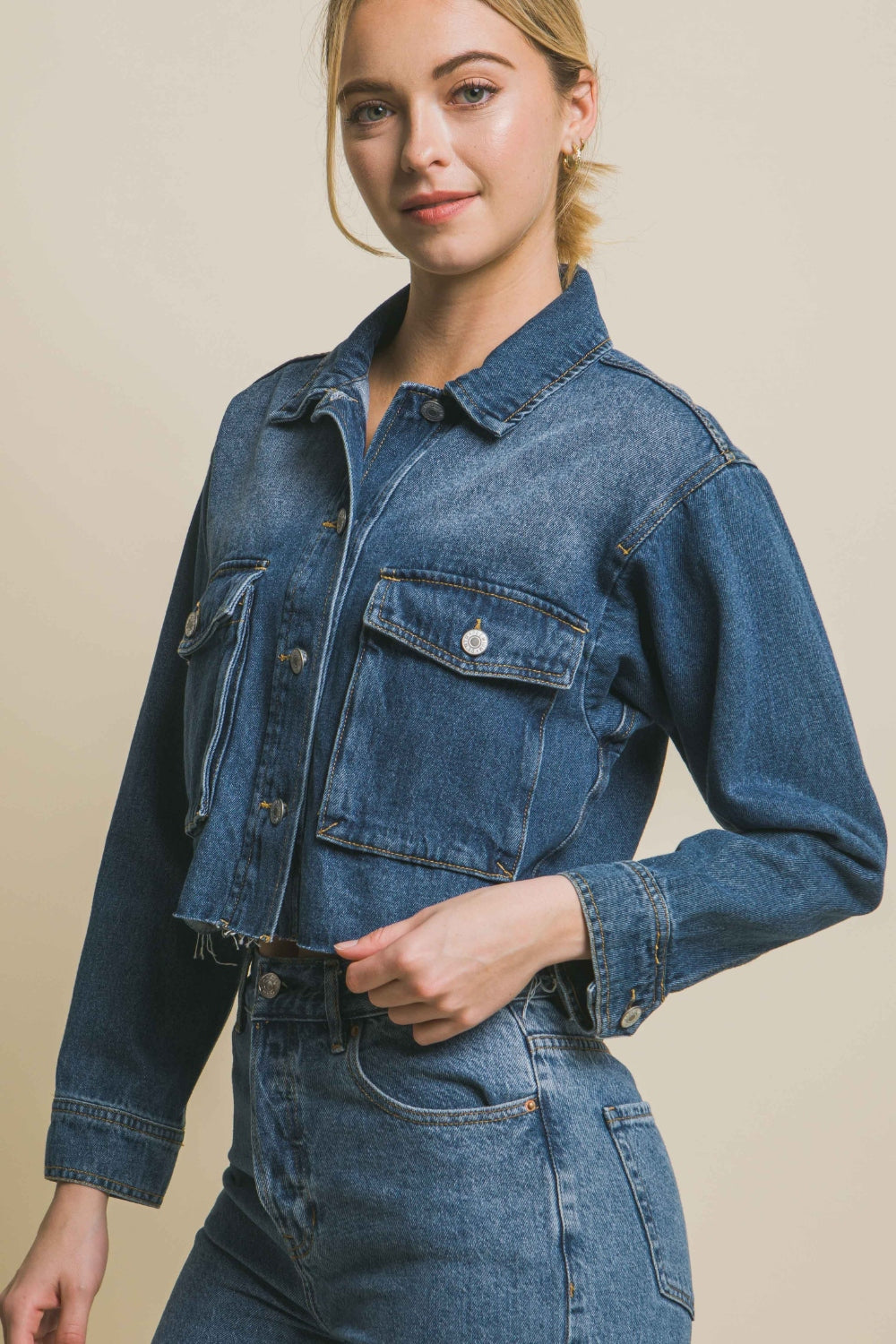 Love Tree Raw Hem Button Up Cropped Denim Jacket-TOPS / DRESSES-[Adult]-[Female]-2022 Online Blue Zone Planet