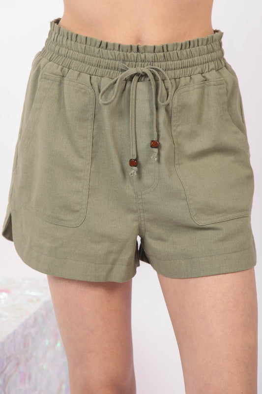 Blue Zone Planet | VERY J Drawstring Elastic Waist Linen Shorts-TOPS / DRESSES-[Adult]-[Female]-Olive-S-2022 Online Blue Zone Planet