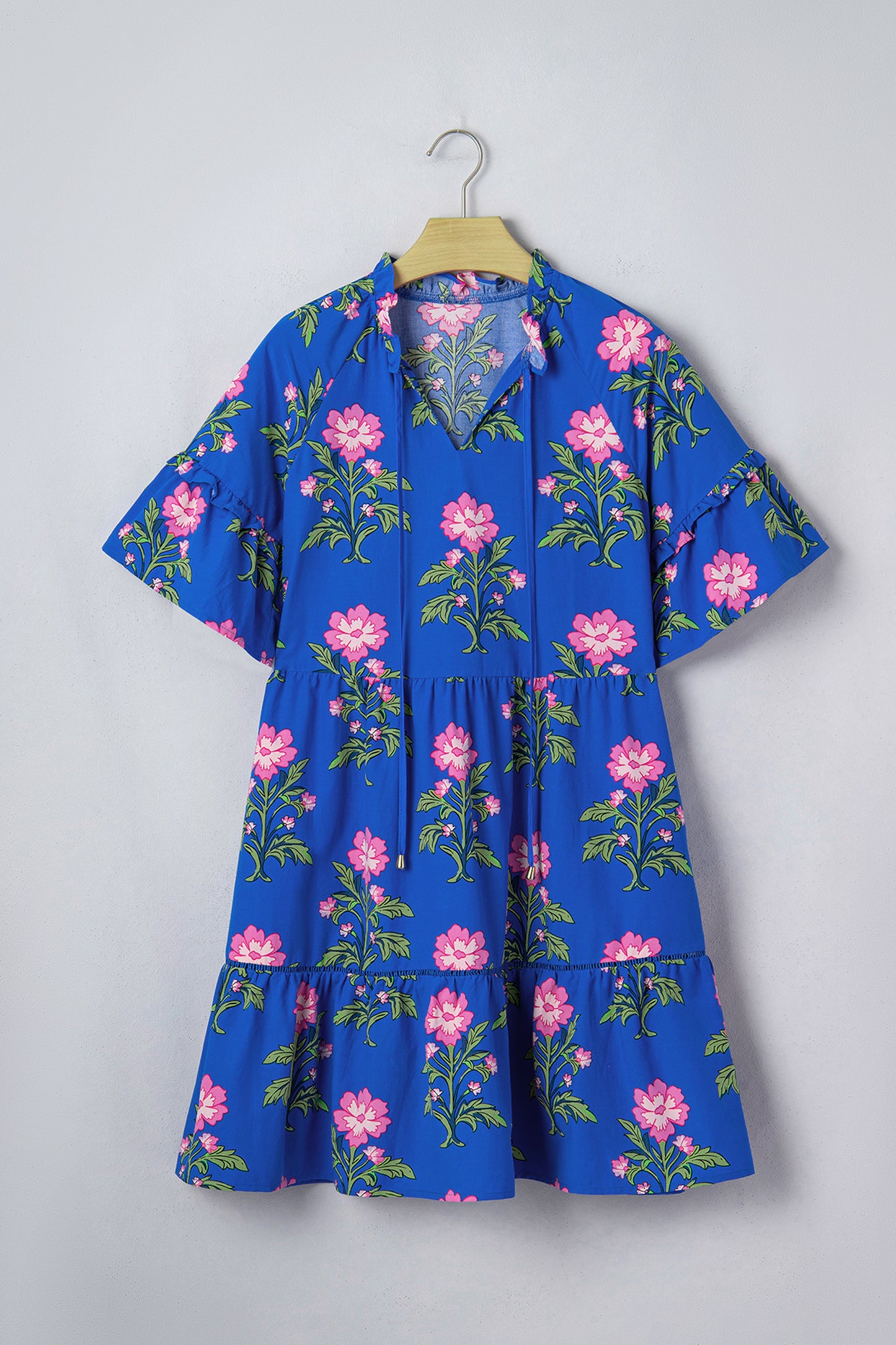 Blue V Neck Short Sleeve Loose Flower Dress-Dresses/Floral Dresses-[Adult]-[Female]-2022 Online Blue Zone Planet
