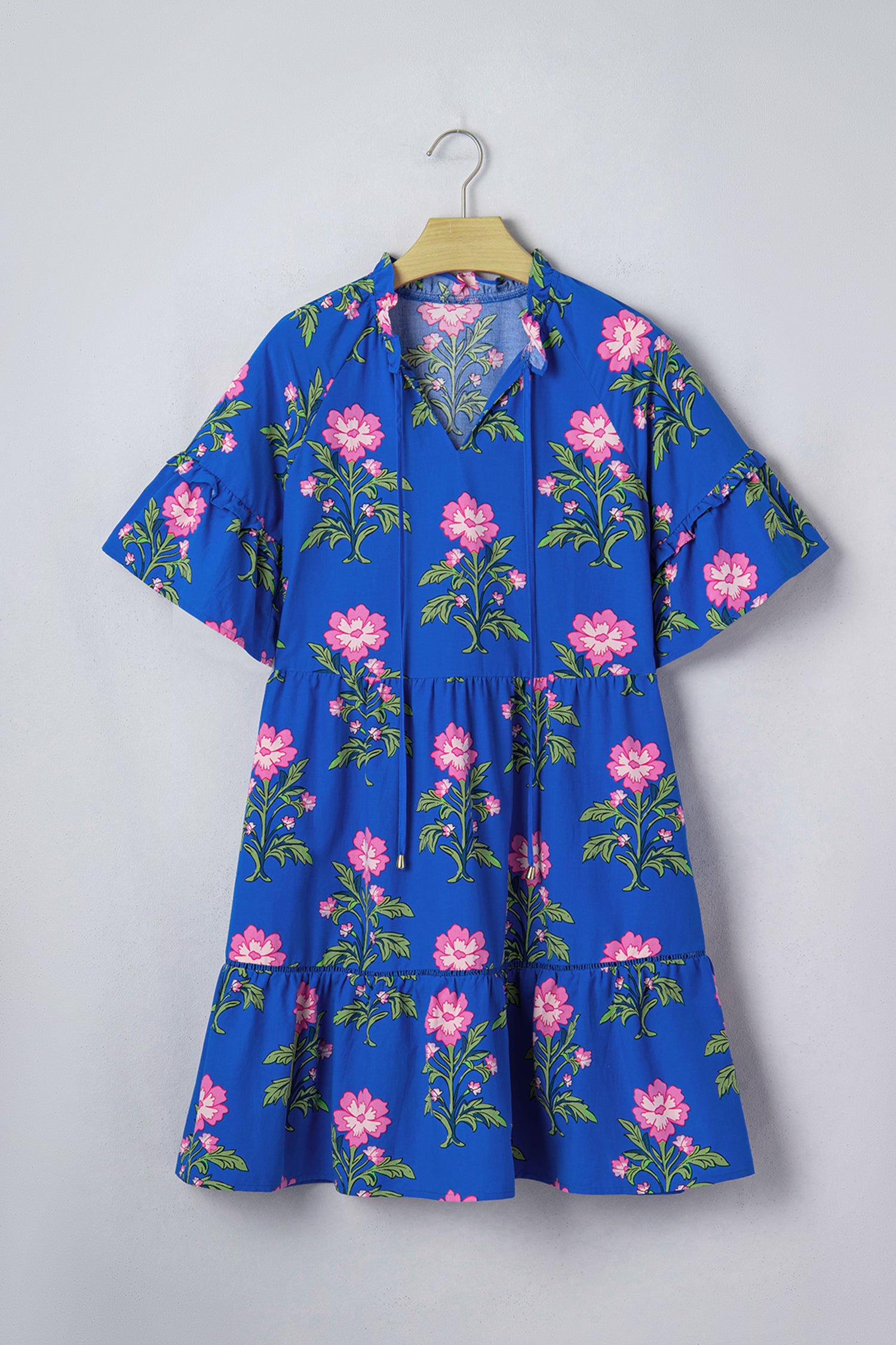Blue V Neck Short Sleeve Loose Flower Dress-Dresses/Floral Dresses-[Adult]-[Female]-2022 Online Blue Zone Planet