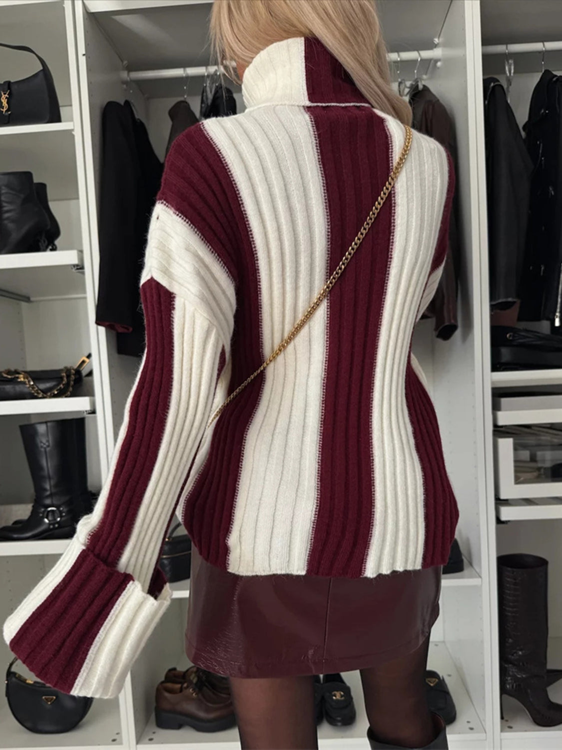 Striped Turtleneck Dropped Shoulder Sweater-TOPS / DRESSES-[Adult]-[Female]-Burgundy-S-2022 Online Blue Zone Planet