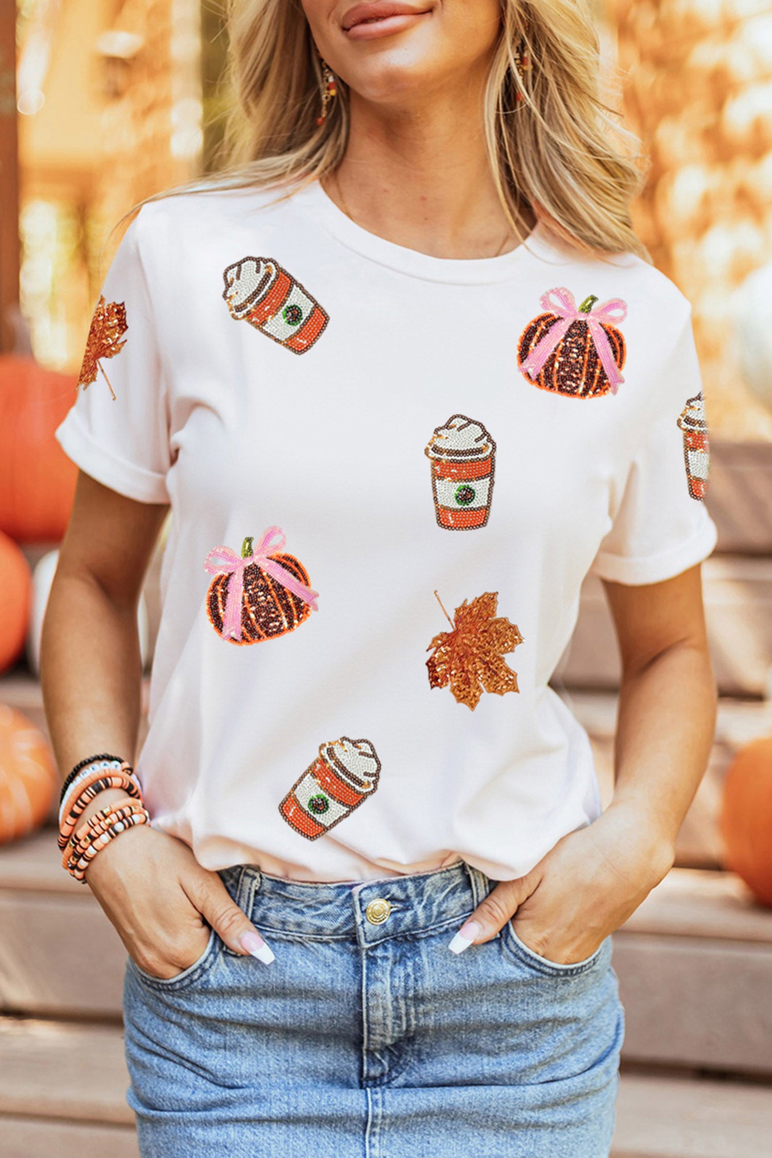White Sequined Pumpkin Fall Graphic Casual Shift T Shirt-Graphic/Graphic Tees-[Adult]-[Female]-2022 Online Blue Zone Planet