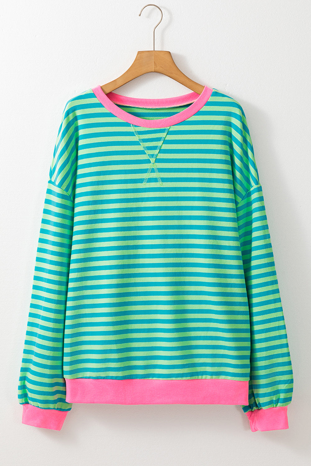 Sky Blue Stripe Oversized Contrast Trim Pullover Sweatshirt-Tops/Sweatshirts & Hoodies-[Adult]-[Female]-2022 Online Blue Zone Planet