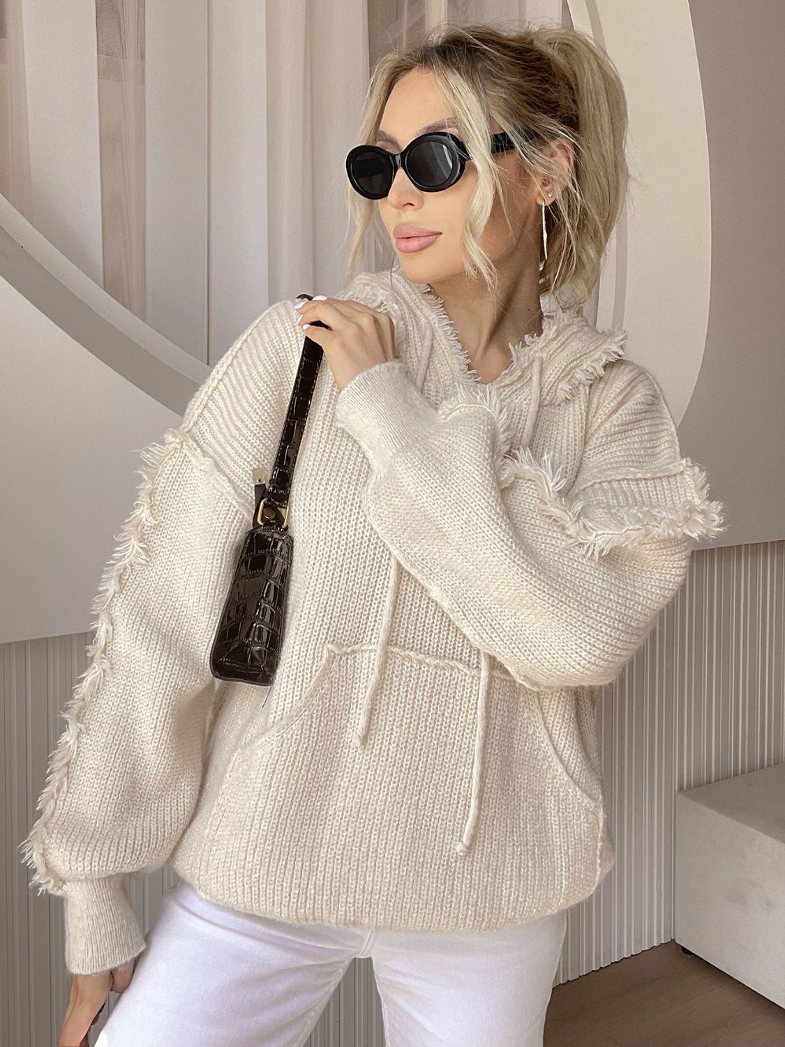 Drawstring Fringe Hem Long Sleeve Hooded Sweater-TOPS / DRESSES-[Adult]-[Female]-Beige-One Size-2022 Online Blue Zone Planet