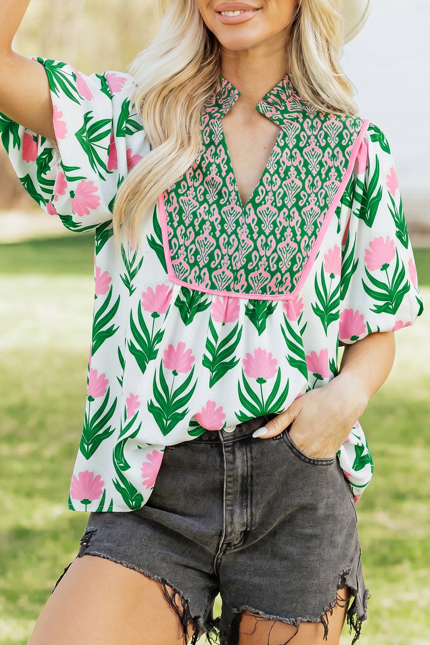 Multicolour Floral Print Puff Sleeve Contrast Bordered V Neck Blouse-Tops/Blouses & Shirts-[Adult]-[Female]-2022 Online Blue Zone Planet