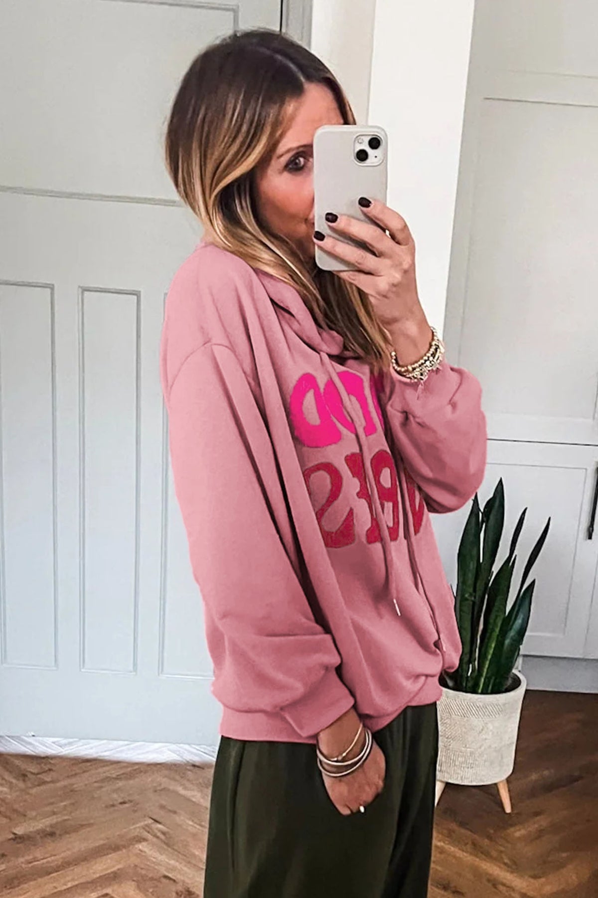 Gossamer Pink GOOD VIBES Chenille Letter Graphic Casual Hoodie