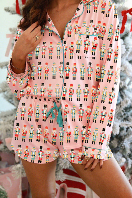 Pink Nutcracker March Long Sleeve Button Up 2pcs Pajama Short Set-Loungewear & Sleepwear/Sleepwear-[Adult]-[Female]-Pink-S-2022 Online Blue Zone Planet